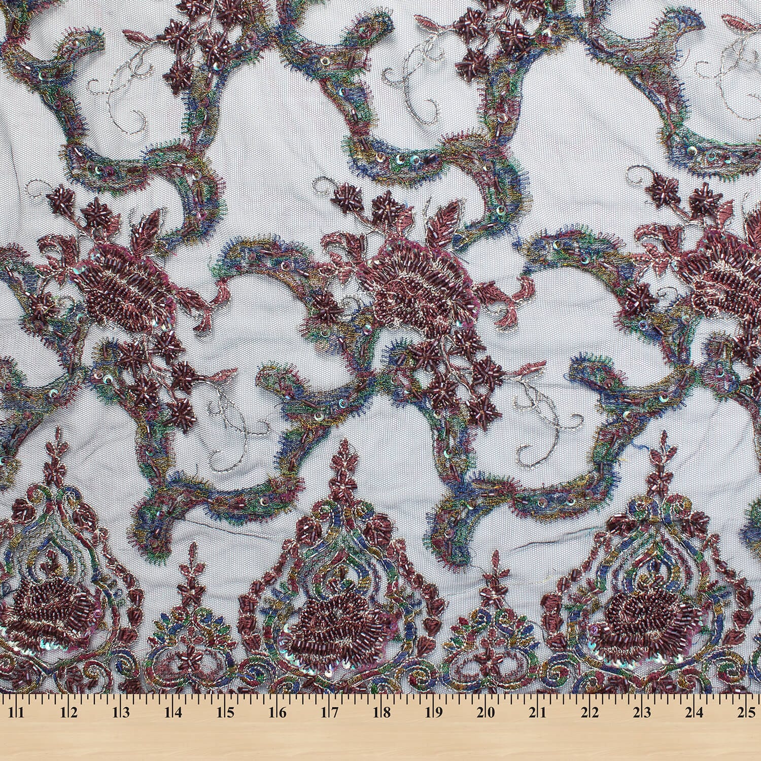 Native Brown Beaded Bridal Embroidery Sequins Lace on Tulle - Image 4